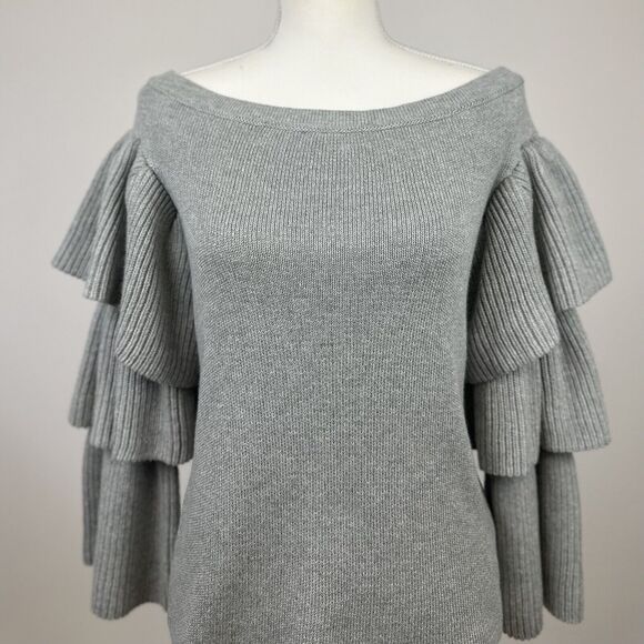 Endless Rose Sweater Romantic Ruffle Off Shoulder Tiered Sleeve Gray Small NWT - Picture 3 of 11